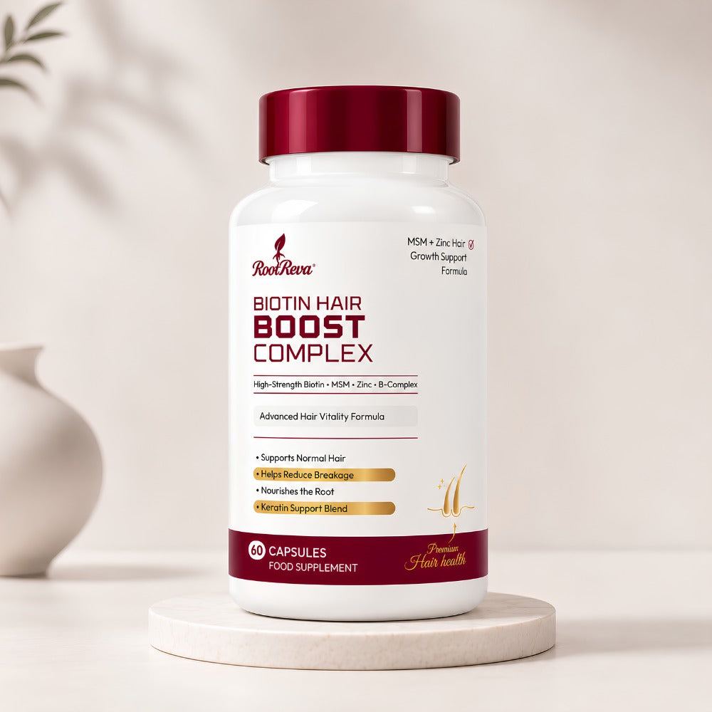 RootReva Biotin Hair Boost Complex, 60 capsules - front of bottle