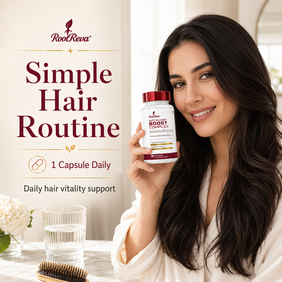 Woman holding RootReva Biotin Hair Boost Complex - one capsule daily hair routine