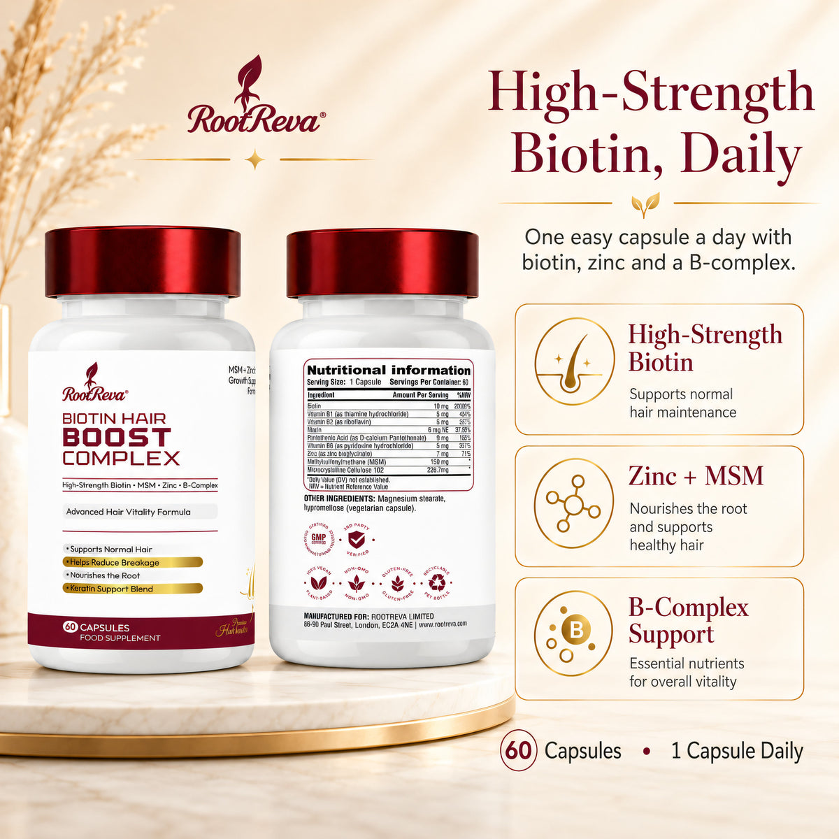 RootReva Biotin Hair Boost Complex - nutritional information with high-strength biotin, zinc, MSM and B-complex