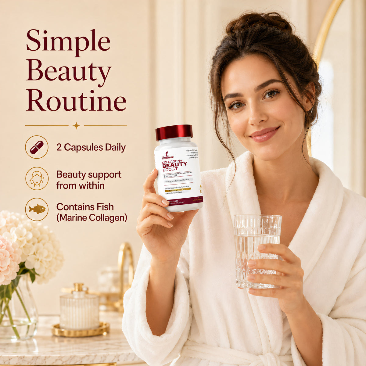 Woman holding RootReva Collagen+ Beauty Boost - two capsules daily, contains fish (marine collagen)
