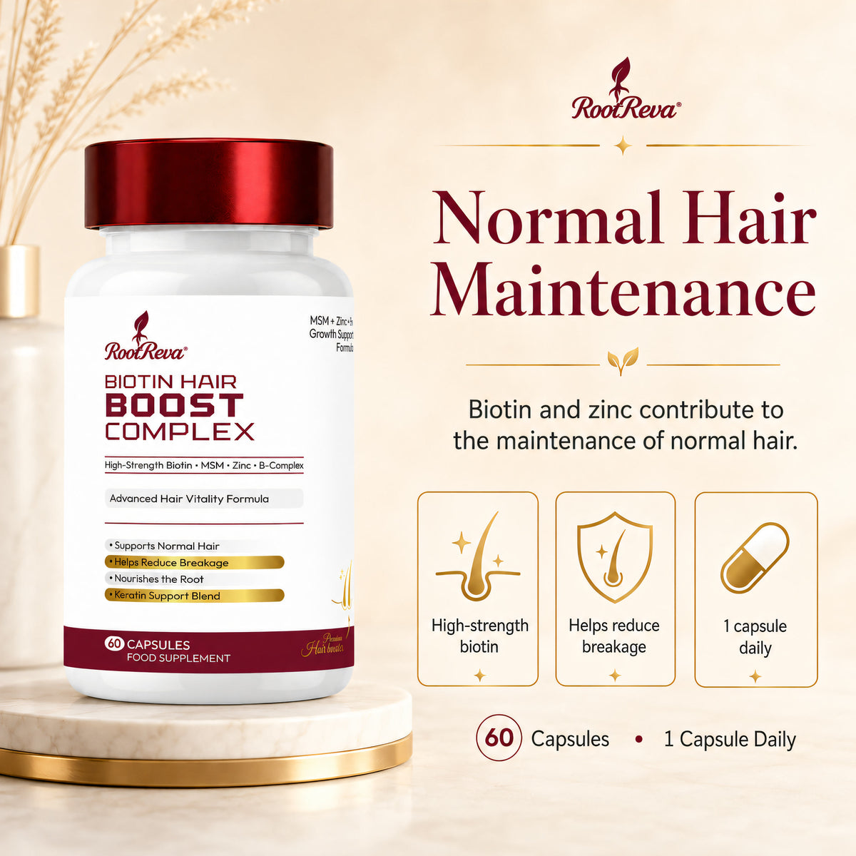 Biotin and zinc contribute to the maintenance of normal hair - RootReva Biotin Hair Boost Complex