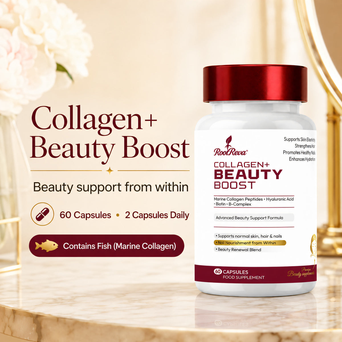 Collagen+ Beauty Boost - 60 capsules, two capsules daily, contains fish (marine collagen)