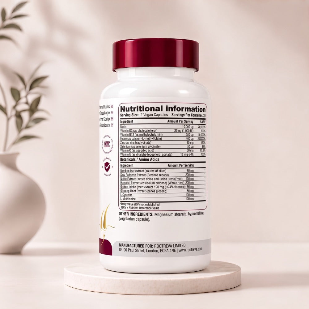 RootReva Advanced Hair Growth Complex nutritional information: biotin, vitamin D3, B12, folate, zinc, selenium, vitamins C and E, with bamboo, saw palmetto, nettle, horsetail, ginkgo and ginseng extracts