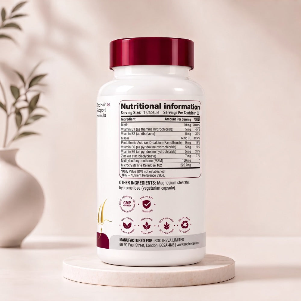 RootReva Biotin Hair Boost Complex nutritional information: biotin, vitamins B1, B2 and B6, niacin, pantothenic acid, zinc and MSM