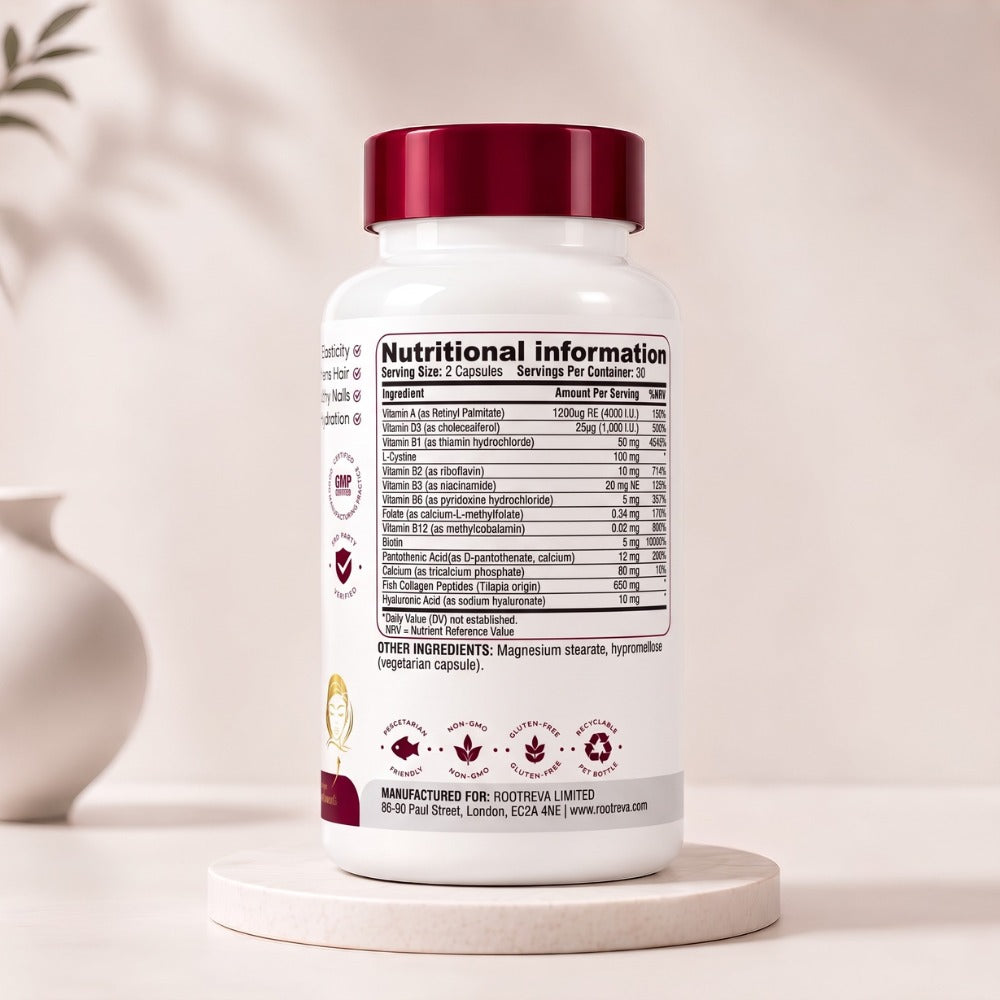 RootReva Collagen+ Beauty Boost nutritional information: marine collagen peptides, hyaluronic acid, biotin, L-cystine, vitamins A, D3 and B-complex, and calcium